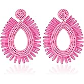 Raffia Statement Beaded Earrings Boho - Handmade Teardrop Dangle Earrings for Summer Beach Vacation