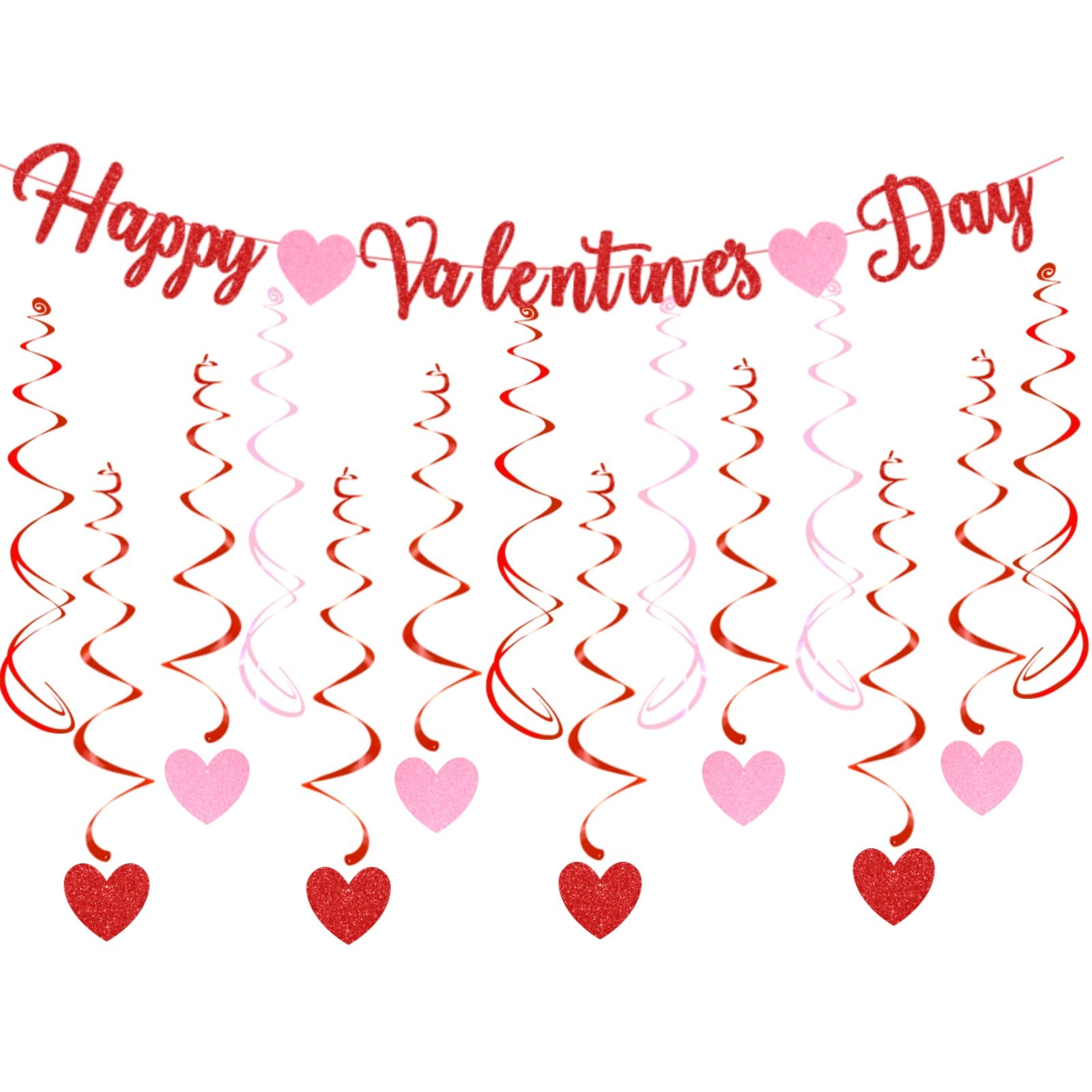 Valentine's Day Decoration Happy Valentine's Day Banner Bunting And Heart Hanging Swirls Streamers for Valentines Day Anniversary Wedding Bridal Shower Engagement Room Party Decorations Red And Pink