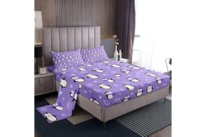 EROSEBRIDAL Penguin Bed Sheets Twin Size Kawaii Penguin Sheet Set Antarctic Animal Fitted Sheet for Kids Boys Girls Teens Cartoon Cute Winter Theme Bedding Set Snowflake Pattern Flat Sheet Room Decor, Purple
