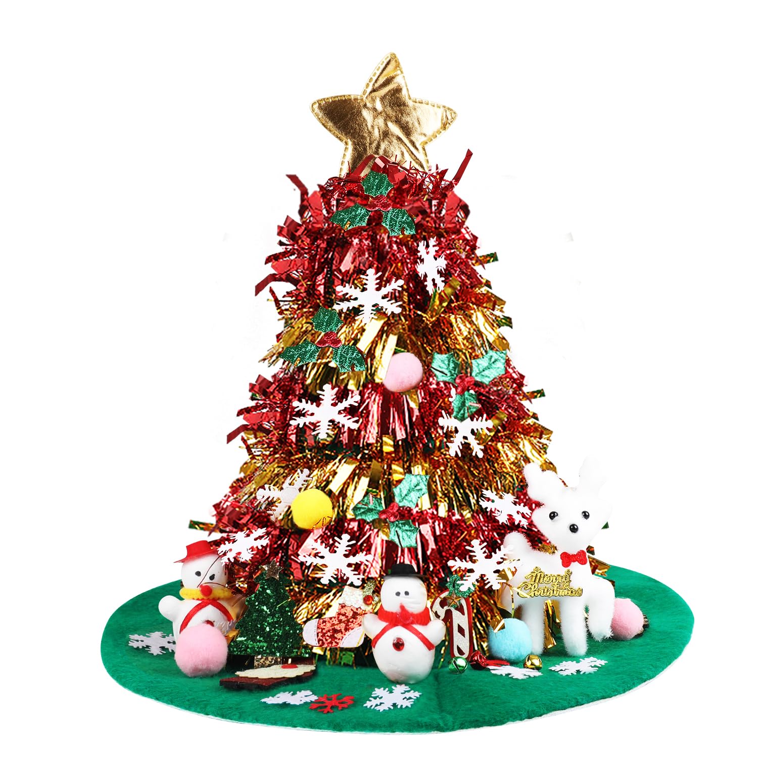 ZALAON Christmas Tree Santa Hat, DIY Novelty Santa Hat with Deer Bell Snowflake SnowmanTinsel Garland Accessories for Fancy Dress Christmas Party(Red)