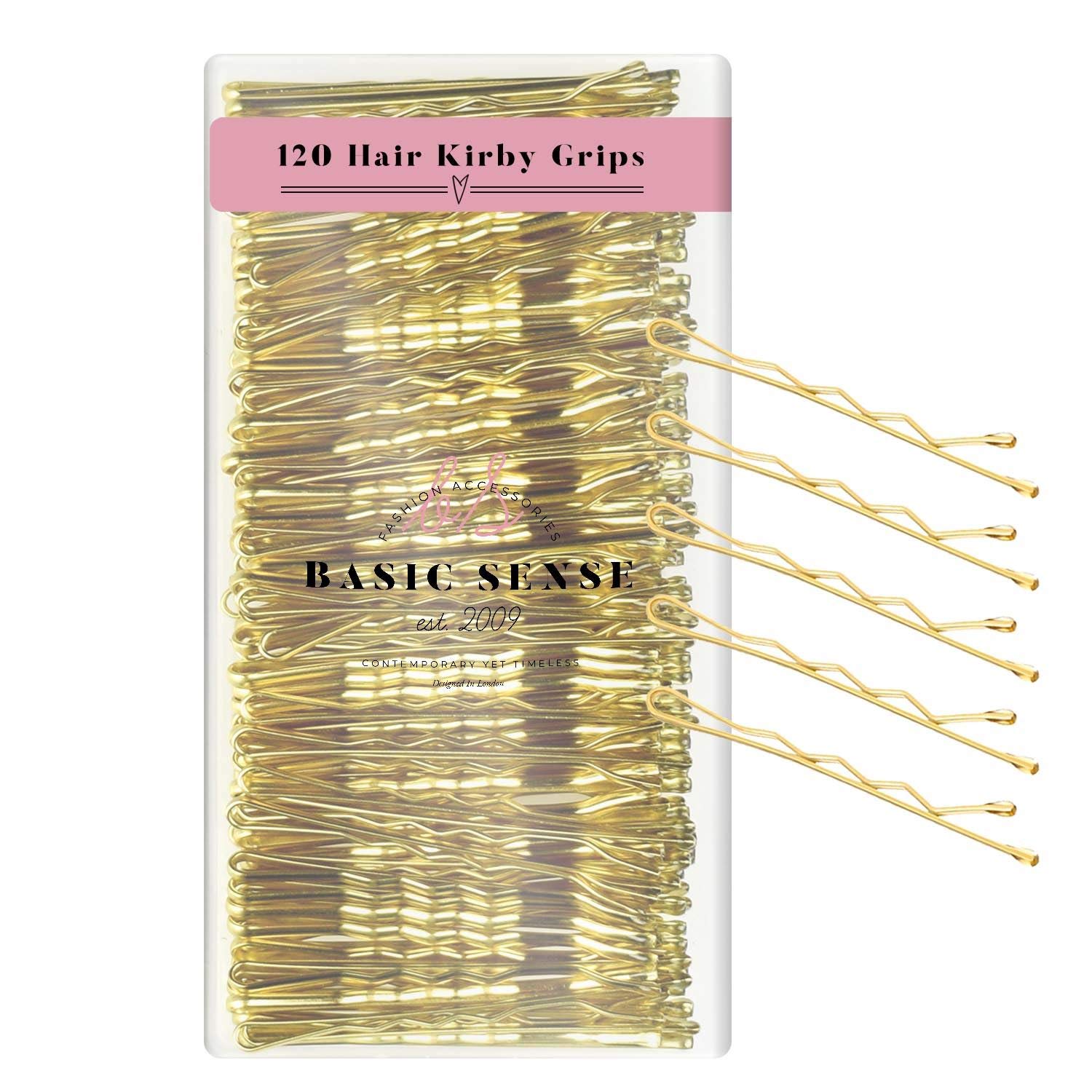 BasicSense 120 PCS Essential Wavy Kirby Metal Bobby Pins Grips Hairpins Plastic Box Package for Storage, 5cm(2 inch), Gold
