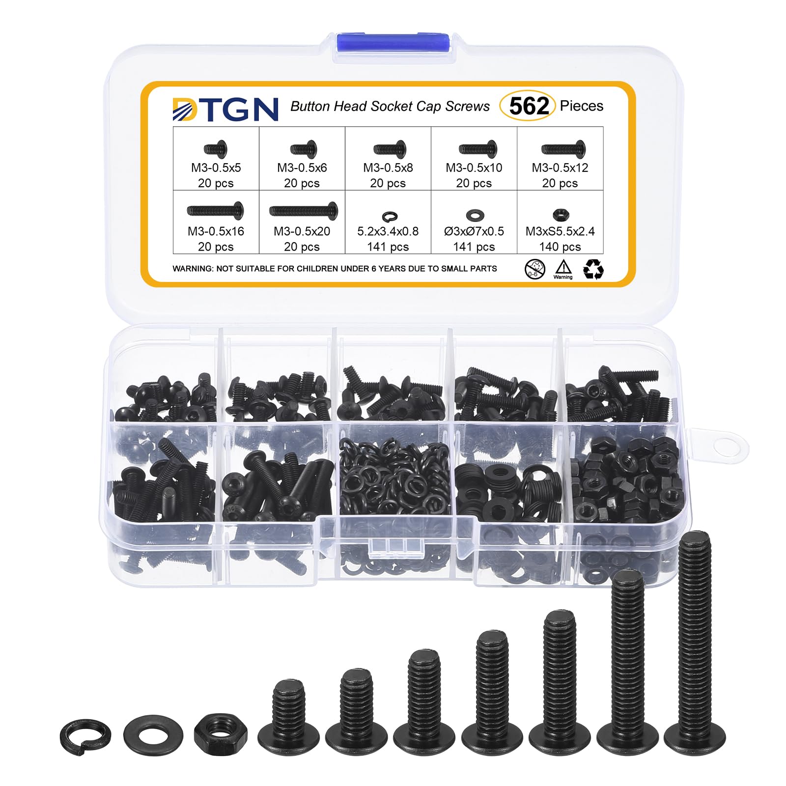 DTGN 562Pcs M3-0.5x5/6/8/10/12/16/20mm Button Head Socket Cap Screws - Carbon Steel Bolt Nut Set Washer Assortment Kit - Good for Road Bicycle, Mountain Bike, Auto