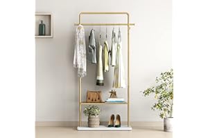 TIEOU Gold Clothing Racks with Shelf, Heavy Duty Gold Clothes Racks for Boutiques, Free-Standing Metal Garment Rack for Hanging Clothes, Modern Coat Rack Entryway
