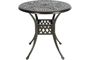 MEETWARM 31" Round Patio Bistro Table, Outdoor Cast Aluminum Small Dinning Table with 2" Umbrella Hole, Dark Bronze