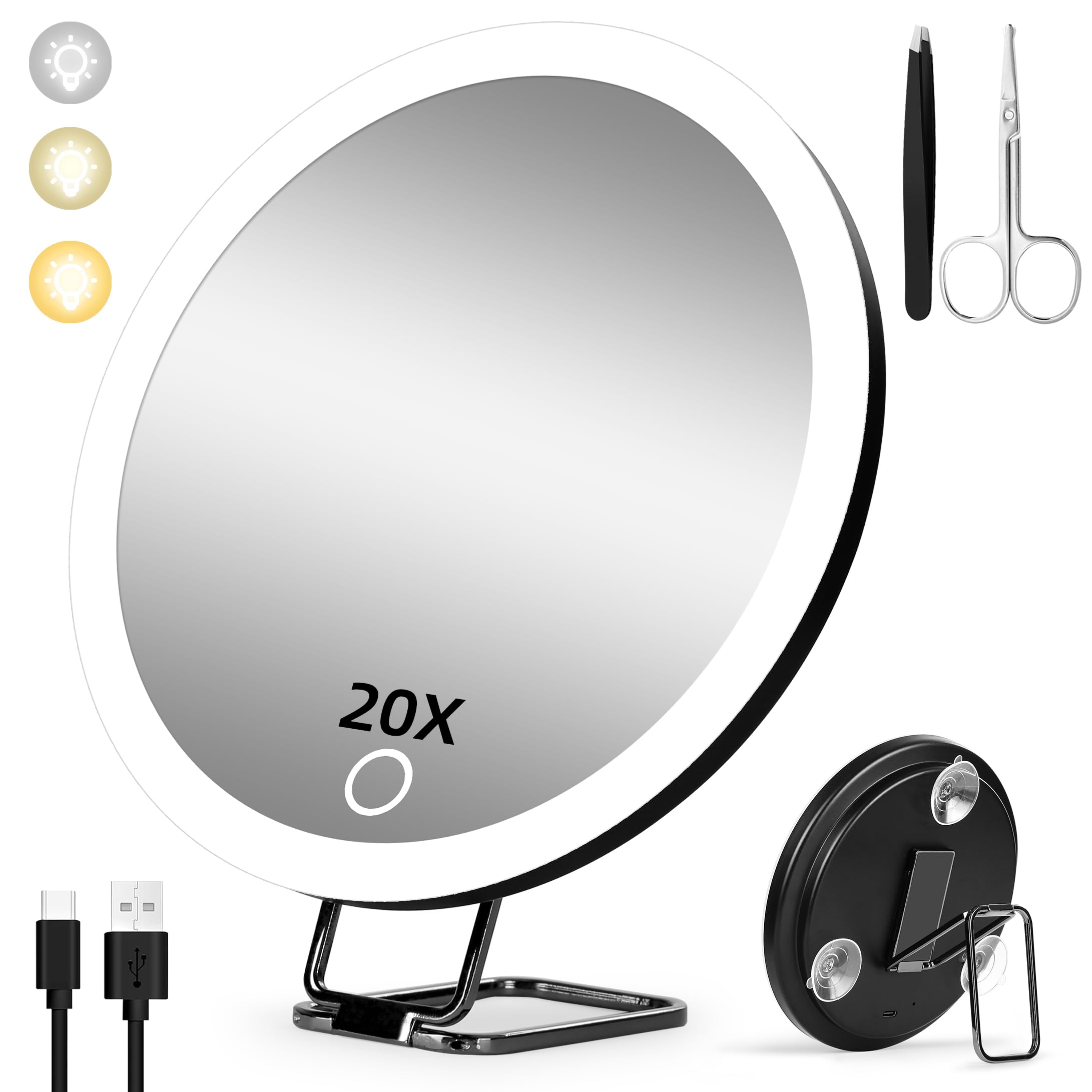 Suupvaor Magnifying Mirror with Light 20X, Travel Makeup Mirror with Magnification, 3 Colors Dimmable Light For Make up, Large 15cm, Rechargeable, With Tweezers & Scissors