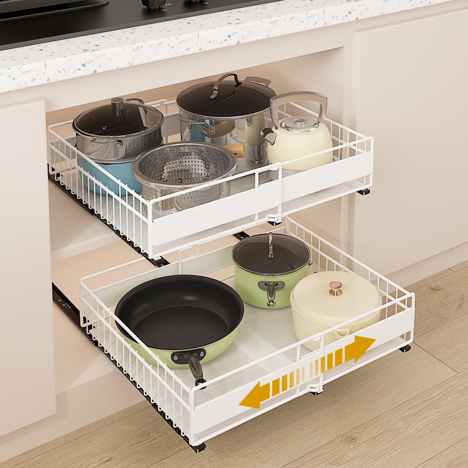 Photo 1 of REALINN 2 Pack Pull Out Cabinet Organizer, Expandable(12"-20") Slide Out Drawers 3 Slide Rails Fix with Adhesive or Screw, Roll Out Shelves for Kitchen Cabinet Organization, White, 12cm height