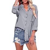 siliteelon Womens Button Down Shirts Cotton Long Sleeve Oversized Boyfriend Blouses Collared Dress Tops with Pockets