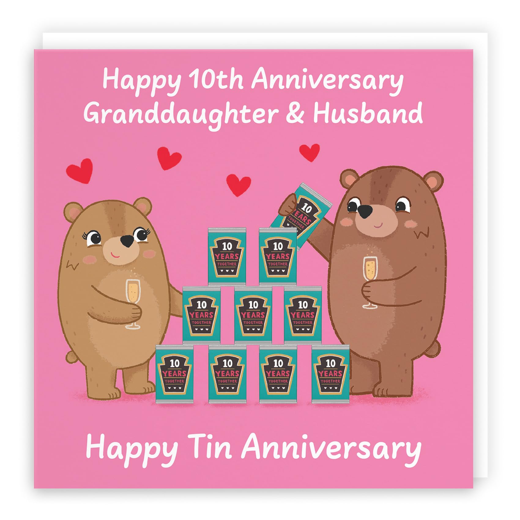 Hunts England - Granddaughter And Husband 10th Anniversary Card - Tin Anniversary - 10 Years - Cute Fun Bears Card - Love Story Collection