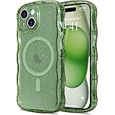 Pepmune Magnetic for iPhone 15 Plus Case Clear, Sparkly Bling Glitter Cute Curly Wave Bumper Cover for Women Men Compatible with MagSafe TPU Shockproof Protective Phone Case for iPhone 15 Plus Green