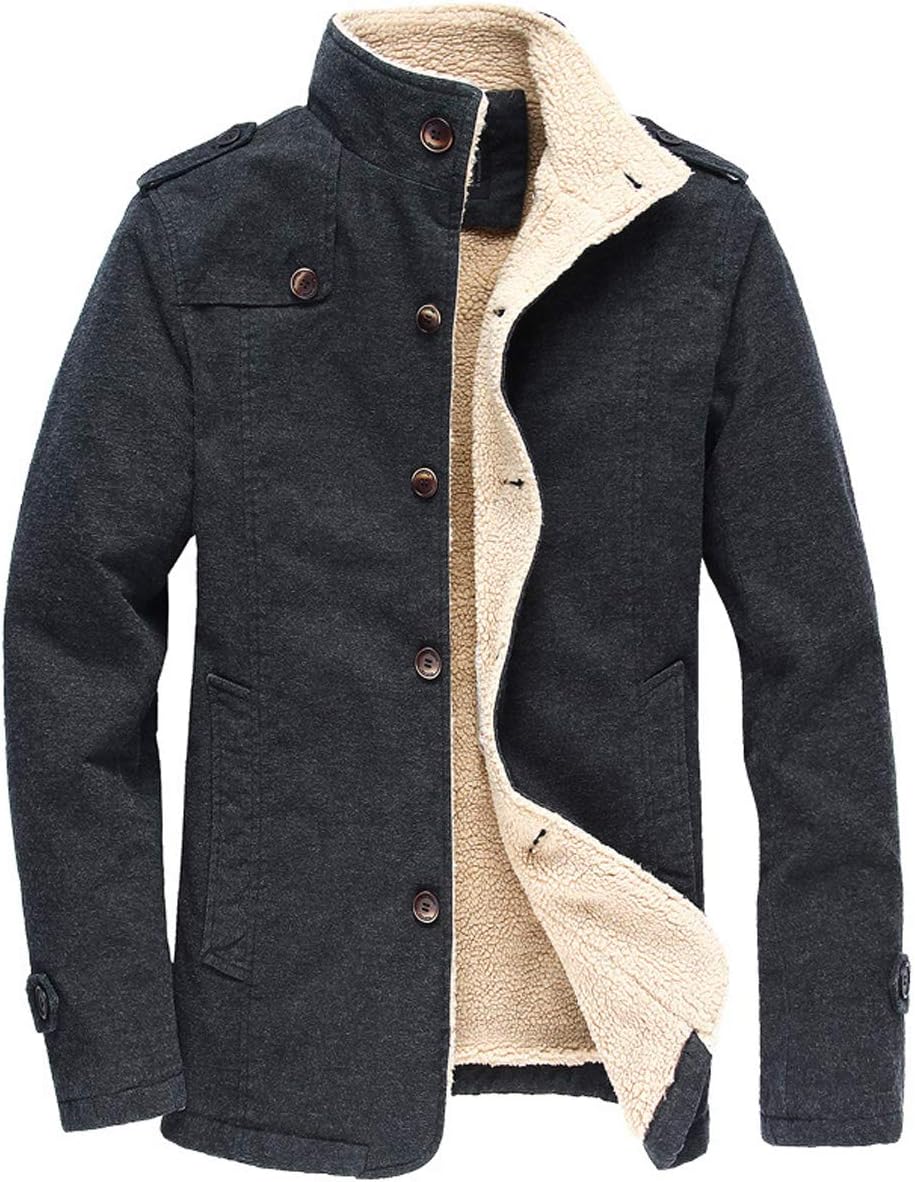 Mirecoo Mens Smart Fit Stand Collar Faux Wool Blend Fleece Borg Sherpa Lined Coat Buttoned Winter Short Jacket