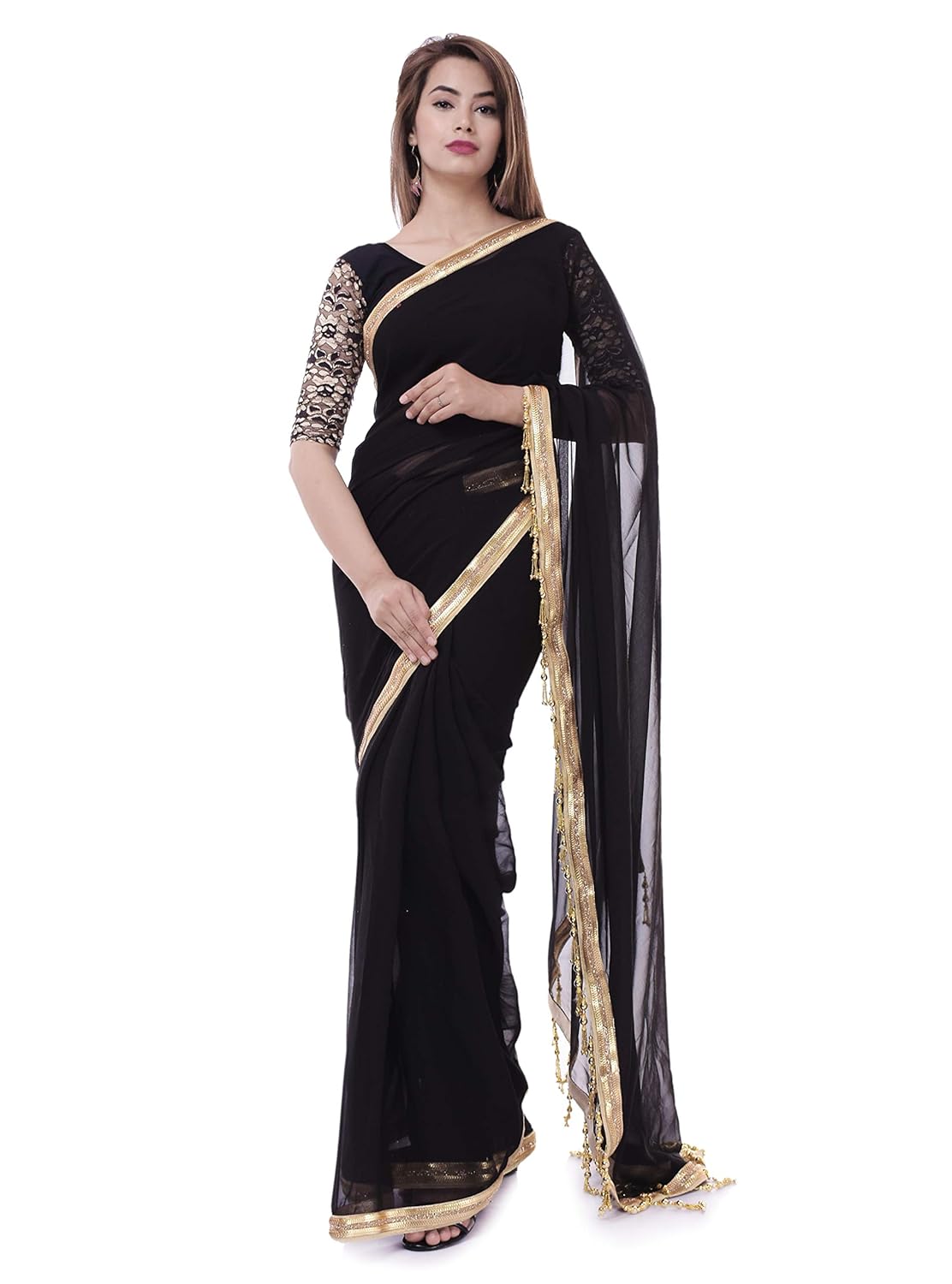 Amazon black saree with golden border Clearance