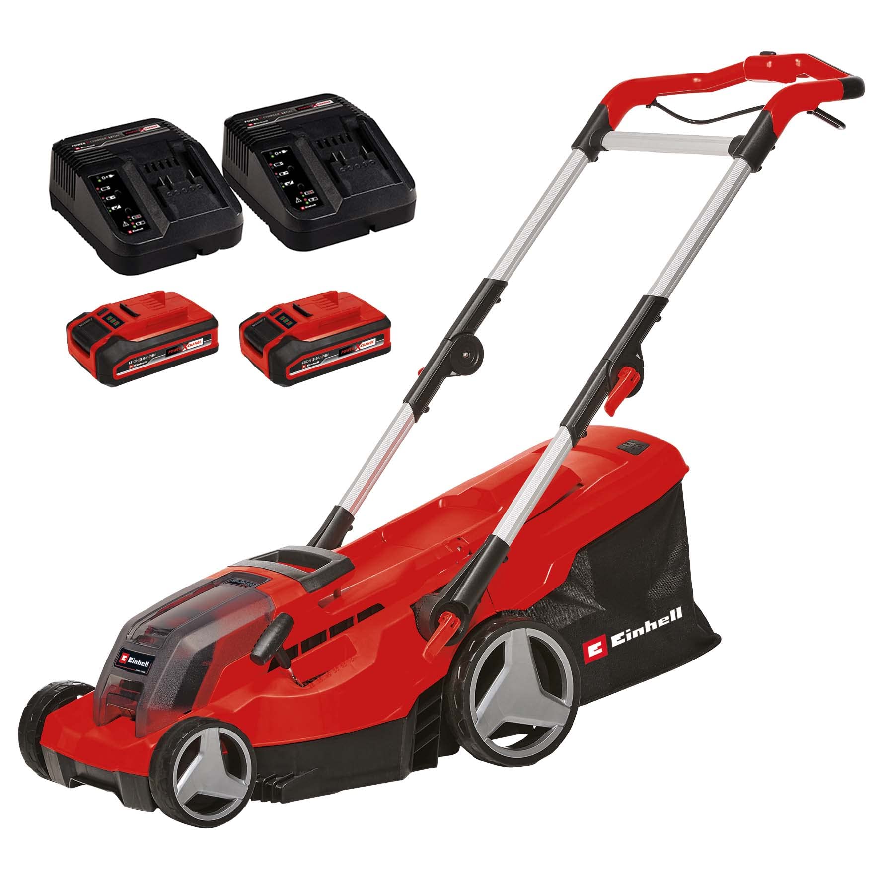 Einhell Power X-Change 36/37 Cordless Lawnmower With Battery (x2) and Charger (x2) - 36V, 37cm Cutting Width, 45L Grass Box, 6 Cutting Heights - GE-CM 36/37 Li Battery Lawn Mower