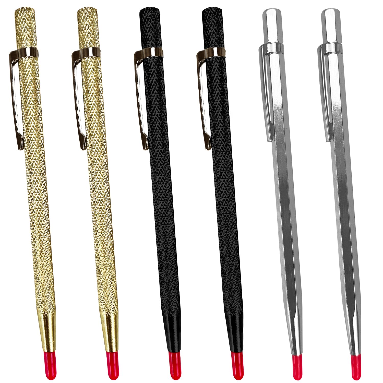 6 Pcs Tungsten Carbide Tip Scriber Tool Metal, Alloy Etching Engraving Pen with Clip, Metal Scribe Pen Tool, Engraving Etching Curve Pen Tools for Metal Sheet, Ceramics, Glass(Gold, Silver, Black)