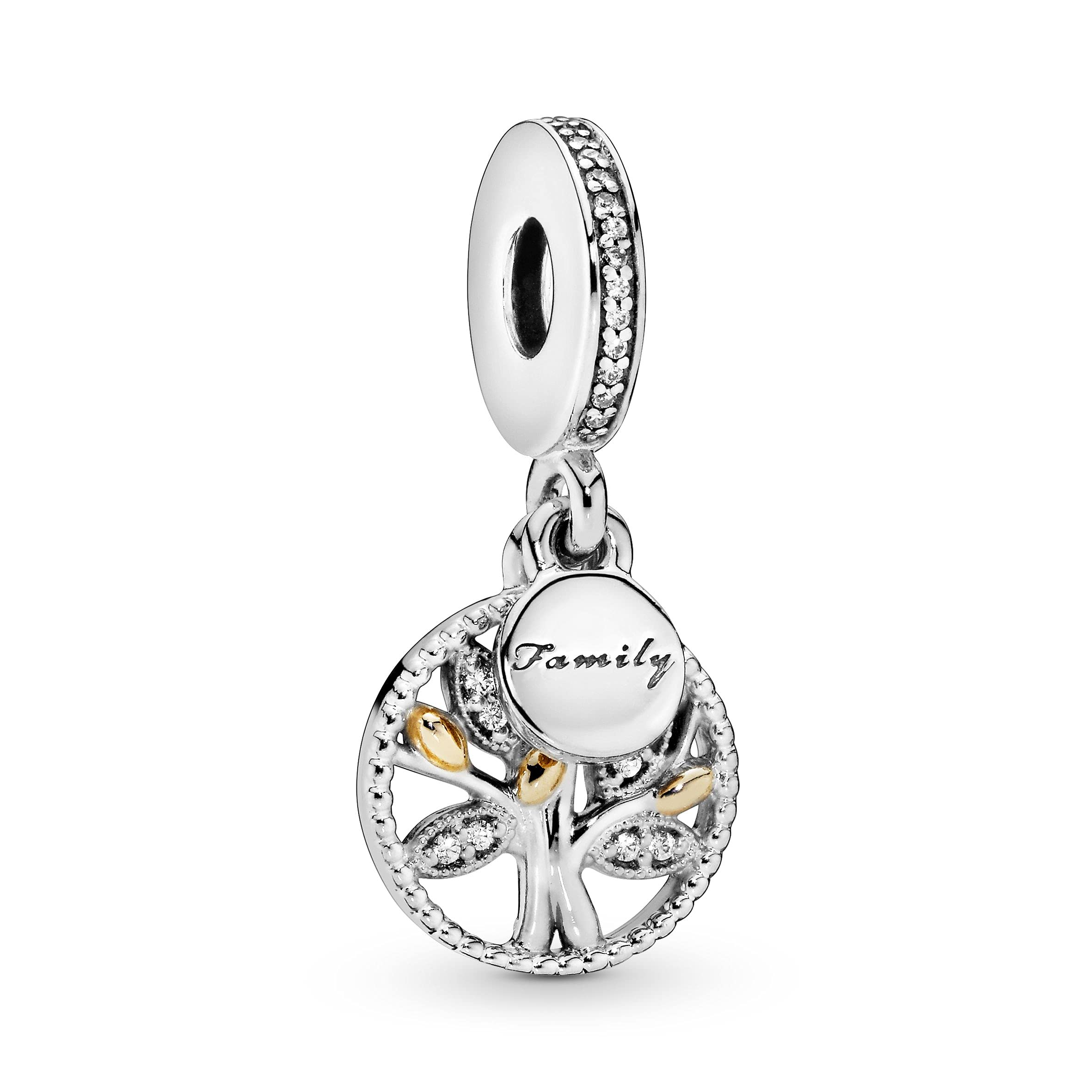 PANDORA Moments Women's Sterling Silver and 14k Gold Sparkling Family Tree Cubic Zirconia Dangle Charm for Bracelet, No Box