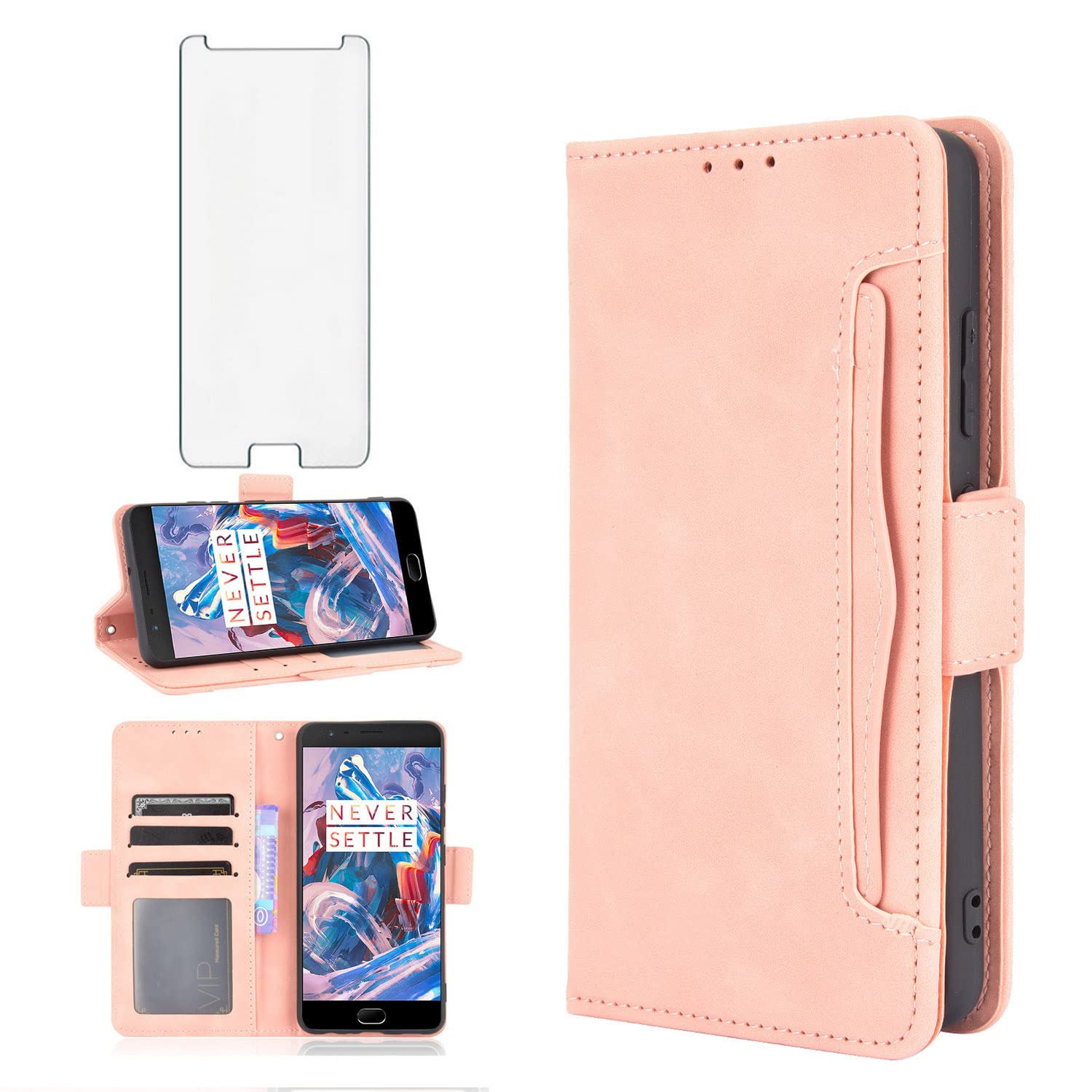 Compatible with OnePlus 3 3T A3000 Wallet Case Tempered Glass Screen Protector Leather Flip Cover Card Holder Phone Cases for OnePlus3 OnePlus3T 1 One Plus T 1plus T3 1+ 1+3T 1+3 Women Men Rose Gold