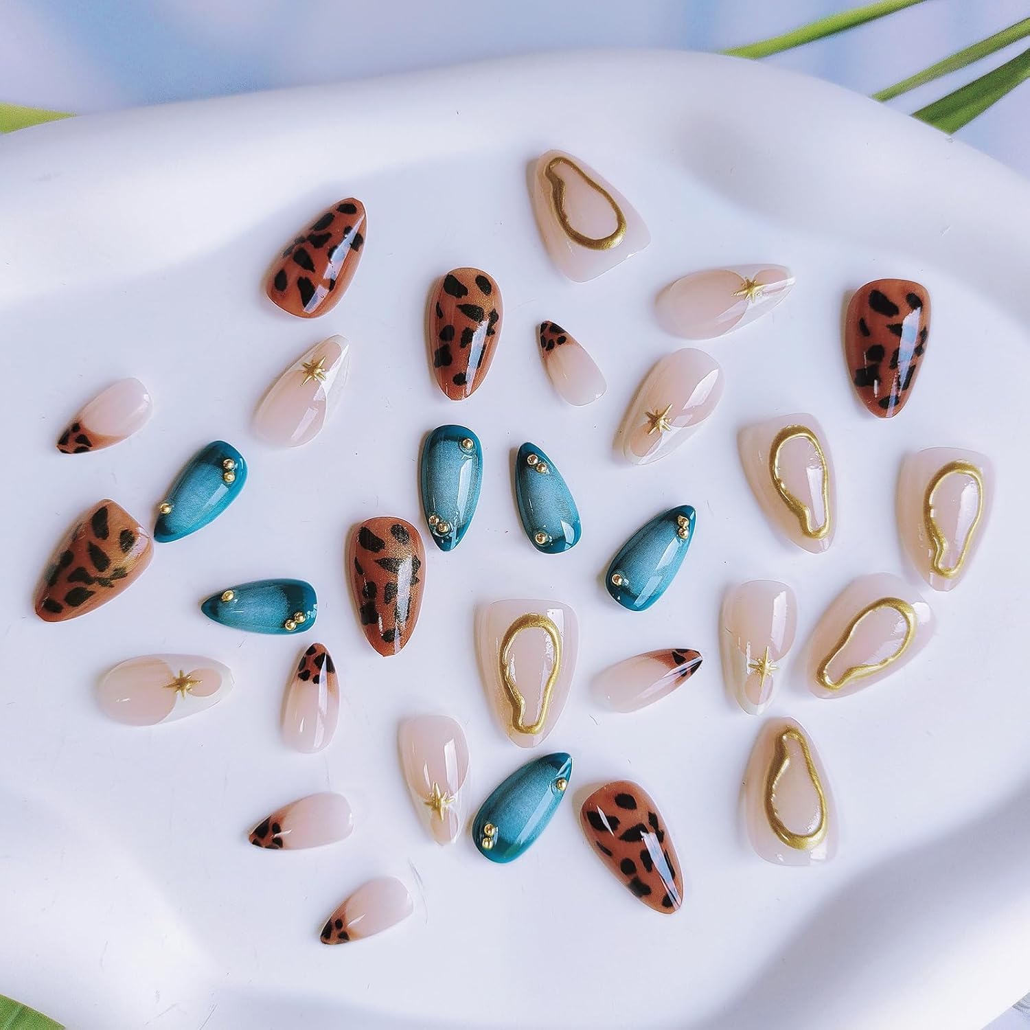 Almond Press on Nails Medium Leopard French Tip With Stars Design Gold Blue Artificial 3D Full Cover Acrylic Glue on Ombre Stick on for Women - Image 7