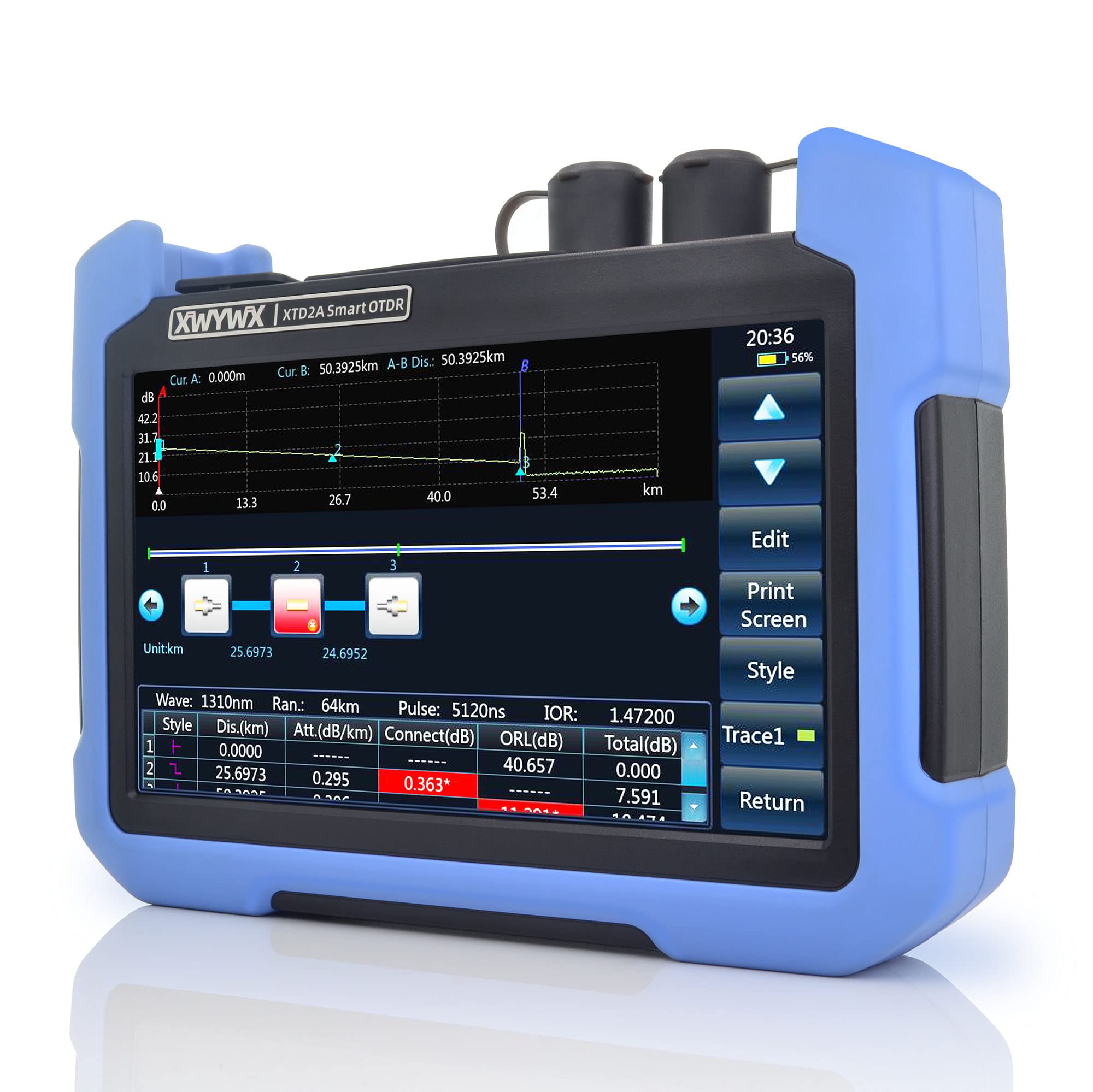 Photo 1 of XWYWX Fiber Optic SM OTDR Tester 1310/1550nm 30/28dB Max 150km with LC FC SC ST/UPC Connector OPM VFL OLS Event Map Function 7inch Touch Screen-XTD2A-21