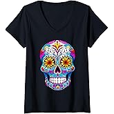 Womens Flower Sugar Skull Day of The Dead Dia De Los Muertos Funny V-Neck T-Shirt