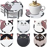 Meanplan Funny Cat Coasters for Drink for Lovers Ceramic Coasters with Cork Bottom and Metal Holder for Bar Office Dining Coffee Table Desk Decor 4.25 Inch(Naive Cat Style,6 Pcs)