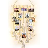 Mkono Hanging Photo Display Boho Macrame Wall Decor with Light, Teen Girl Teenage Gifts, Pictures Cards Frame Holder Art Hanger for Christmas Birthday Party Bedroom Dorm, with 30 Wood Clips, Ivory
