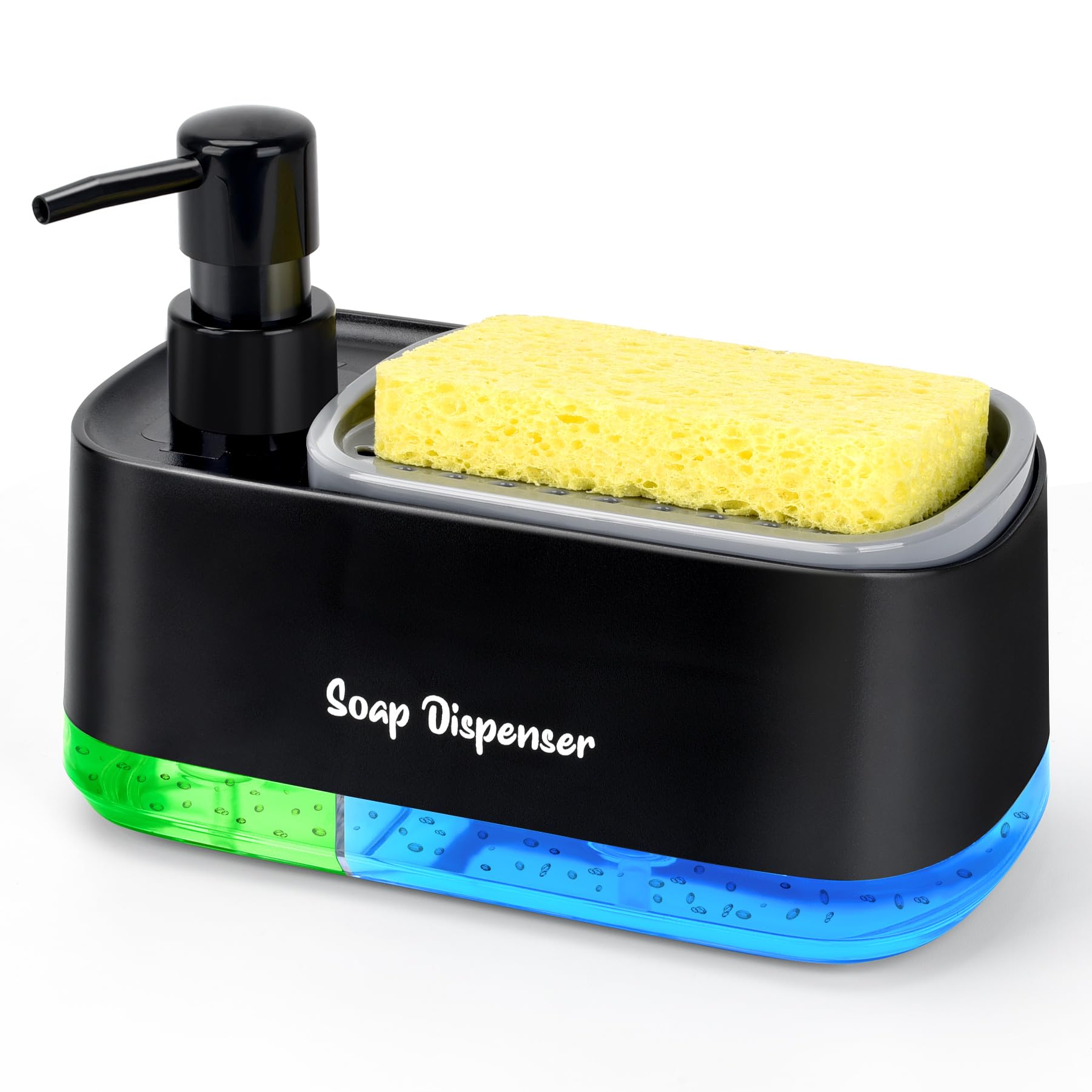 Hand and Dish Soap Dispenser Set for Kitchen, Dual Soap Dispenser with Sponge Holder, 3-in-1 Countertop Soap Pump Dispenser for Kitchen Sink, Useful Kitchen Gadgets - Black