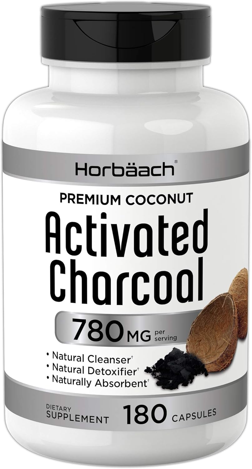 Horbaach Activated Charcoal 180 Capsules | from Coconut Shells | Non-GMO and Gluten Free Pills | Helps Bloating and Digestion: Health & Personal Care