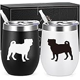 Lifecapido Pug Gifts for Pug Lovers, Pugs Silhouette 12oz Stainless Steel Wine Tumbler Set of 2, Birthday Christmas Gifts for Dog Lovers Dogs Parents Dogs Mom Dad, Black and White