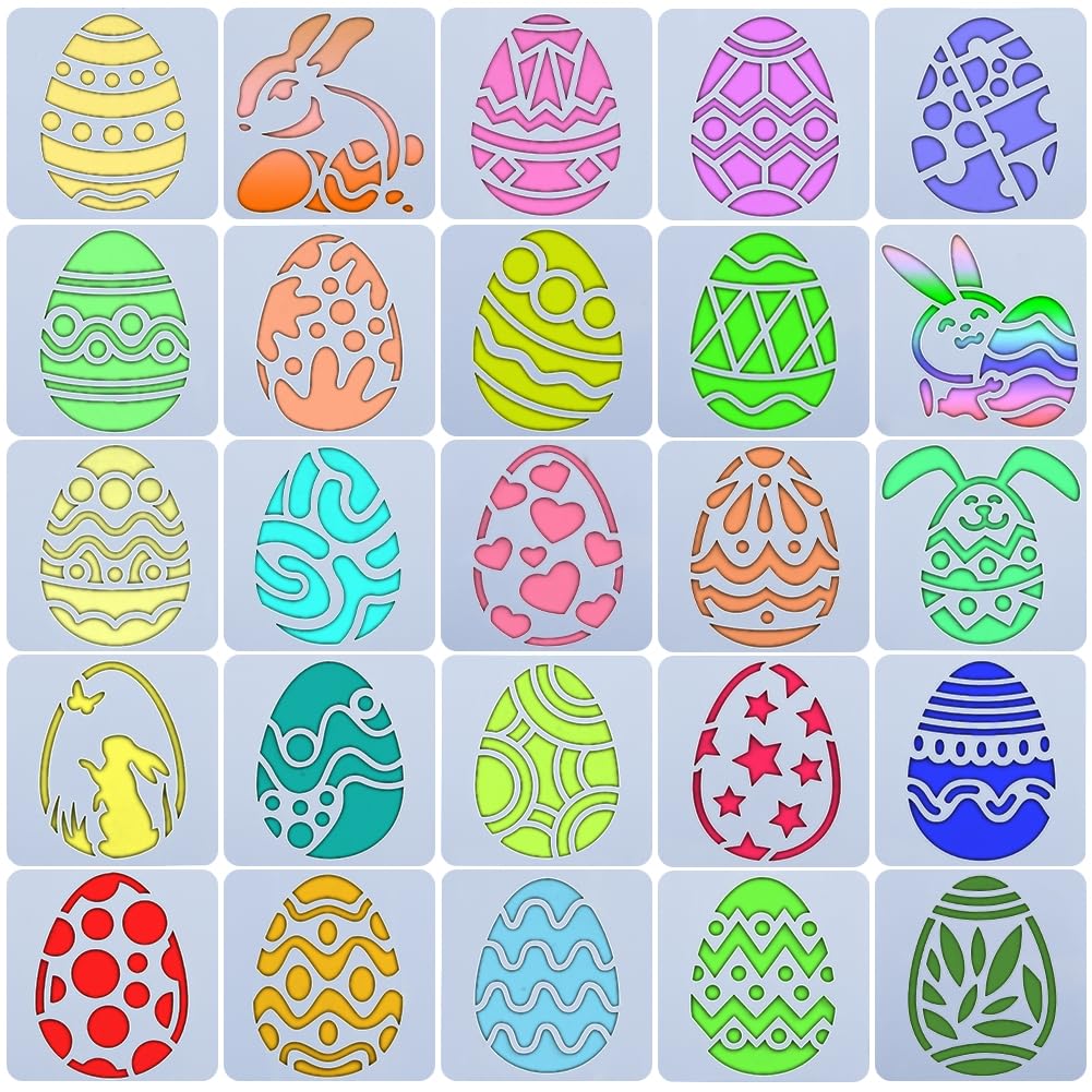 GORGECRAFT 16pc Easter Egg Stencils, Plastic Egg Craft Stencil for Painting, Reusable, Washable, DIY Easter Crafts, Gift, Party Bag Filler