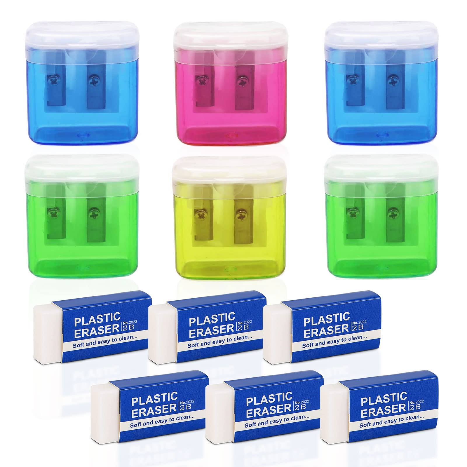 TSHAOUN 6 PCS Manual Pencil Sharpeners,Colorful Dual Holes Sharpener with Lid and 6PCS White Plastic Eraser, for Kids Students School Home Office Supply. (Multicolour)