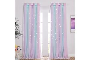 NICETOWN Baby Room Decor, White Gauze & Blackout Drapes Assembled, Star Cut Romantic and Colorful Curtains with Versatile Styling Options for Birthday Party (Blue & Purple & Pink, Each is W52 x L84)