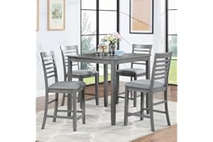 LUMISOL 5 Piece Dining Table Set, Farmhouse Counter Height Kitchen Table Set with a Square Table and 4 Upholstered Chairs with Horizontal Backrest, Solid Wood Table and Chairs Set for 4, Grey
