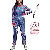 ALIREVERIE Women Halloween Costume Blue Cartoon Jumpsuit Overalls and Striped Shirt Cosplay Outfits