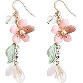 Pink Flower Earrings for Women Sakura Leaf Drop Dangle Earrings Statement White Flower Tassel Earrings Spring Summer Cherry Blossom Floral Earrings For Girls Holiday Jewery Gifts