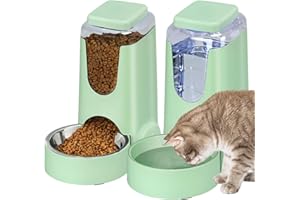 HWONMTE 2 Pack Automatic Cat Feeder and Water Dispenser with Stainless Steel Dog Bowl Gravity Self Feeding for Small Medium Pets Puppy Kitten 1 Gallon x 2 (Pink) (green)
