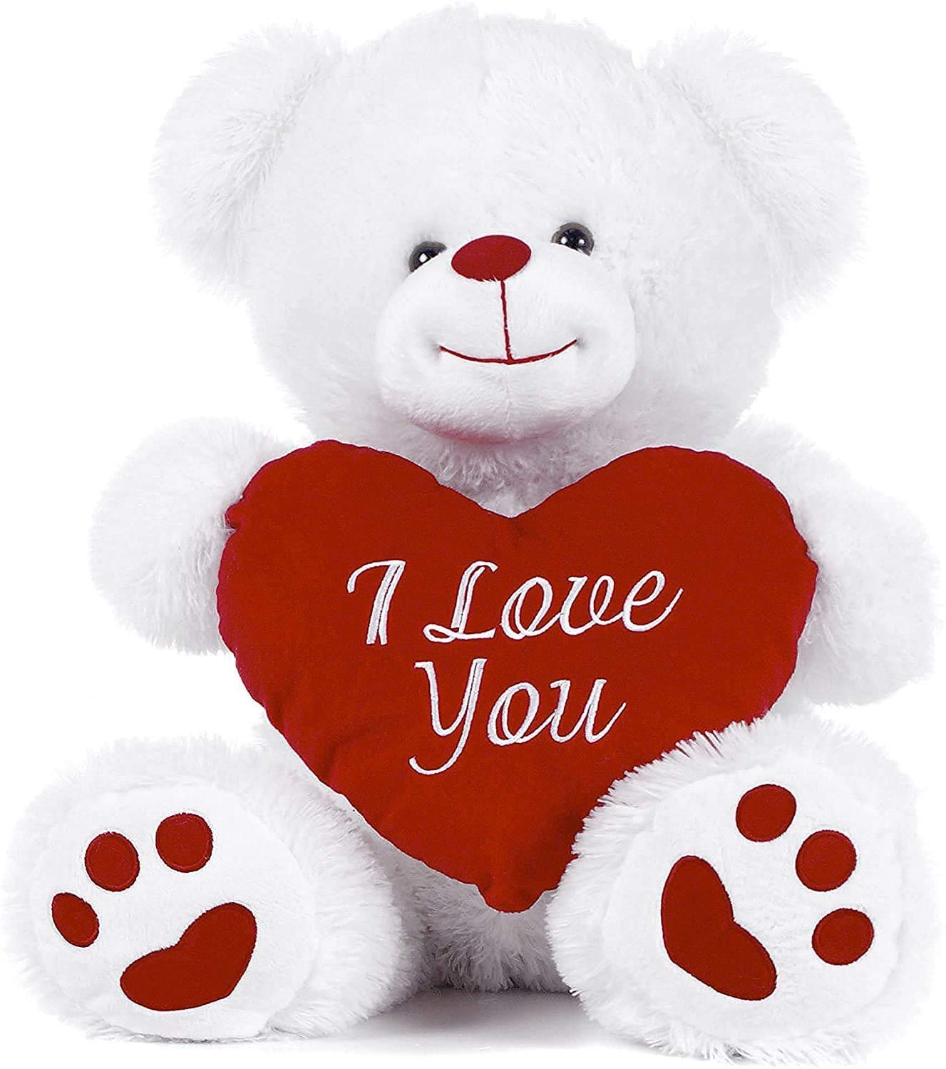 Paws White Teddy Bear holding Red Heart with I Love You written on it (White, 10.5")