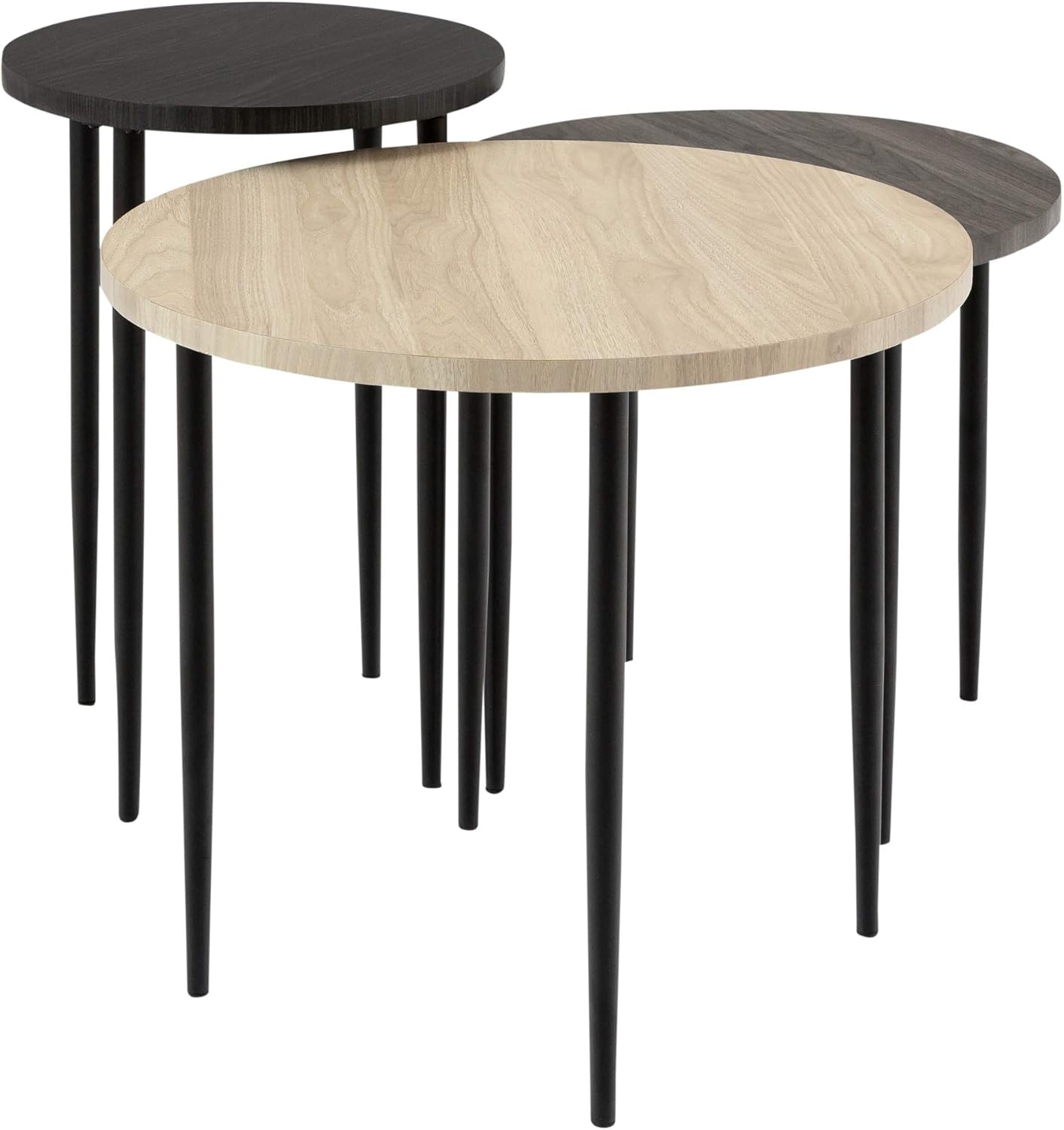 Walker Edison Furniture Company 3 Piece Modern Round Nesting Coffee Table Set Living Room Accent Ottoman Storage Shelf, Set of 3, Birch: Furniture & Decor
