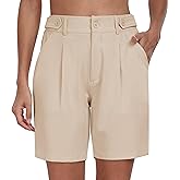 MoFiz Women's Shorts Dressy Casual Business Work Shorts Elastic Waist Straight Leg Pleated Summer Bermuda Shorts with Pockets