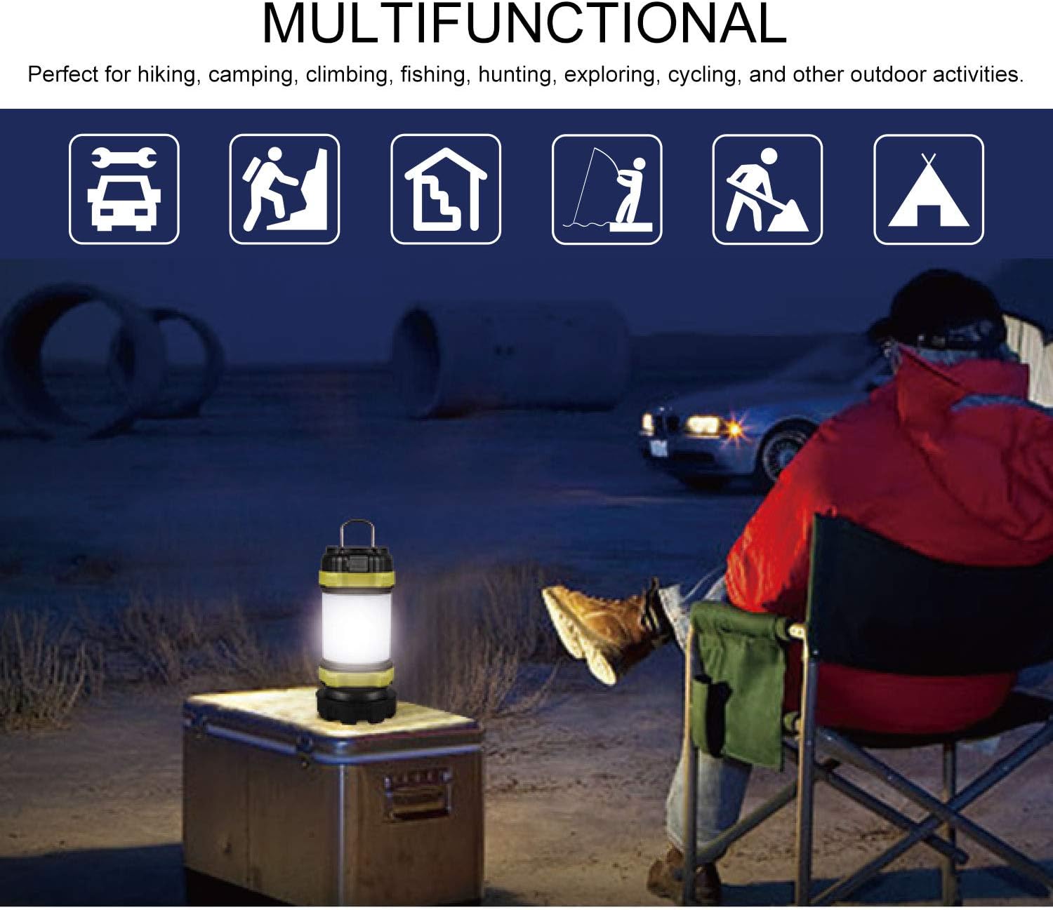 Consciot Rechargeable Camping Lantern Flashlight, LED with 6 Modes, 3600mAh Power Bank, IPX4 Waterproof, Two Way Hook, Portable with USB Cable for Emergency, Camping, Hiking, Outdoor Activities - - 