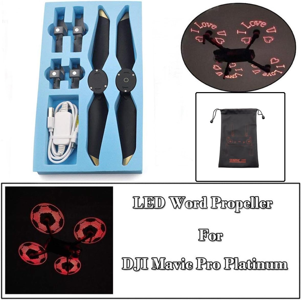 hezhixin Rechargeable Programmable LED Flash Word Propeller DIY Low-Noise Quick-Release Props for DJI Mavic Pro / Platinum