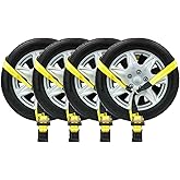 Mytee Products 4 Pack 2" x 168" Car Tie Down Straps for Trailer with Flat Hook - 3333 LB WLL Lasso Style Tire Straps for Car Trailer with Ratchets - Vehicle Tie Down Wheel Straps for Hauling Cars