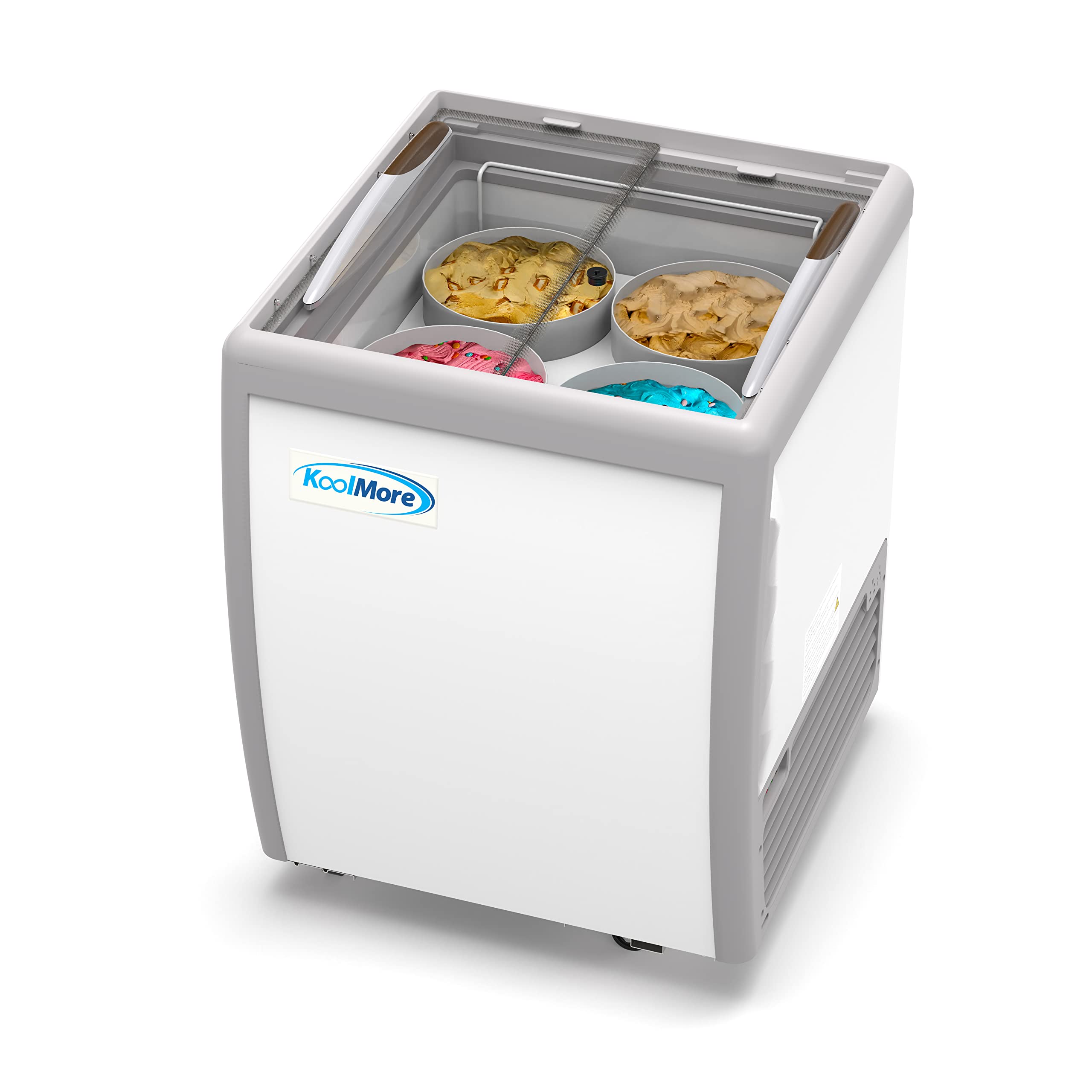 Photo 1 of Koolmore 26 inch Commercial Ice Cream Dipping Cabinet Display Case, 4 Large Displayed Tubs, 2 Storing Tube, Sliding Glass Door, Rolling Wheels and Lockable Breaks [5.7 Cu. Ft.] (KM-ICD-26SD) White