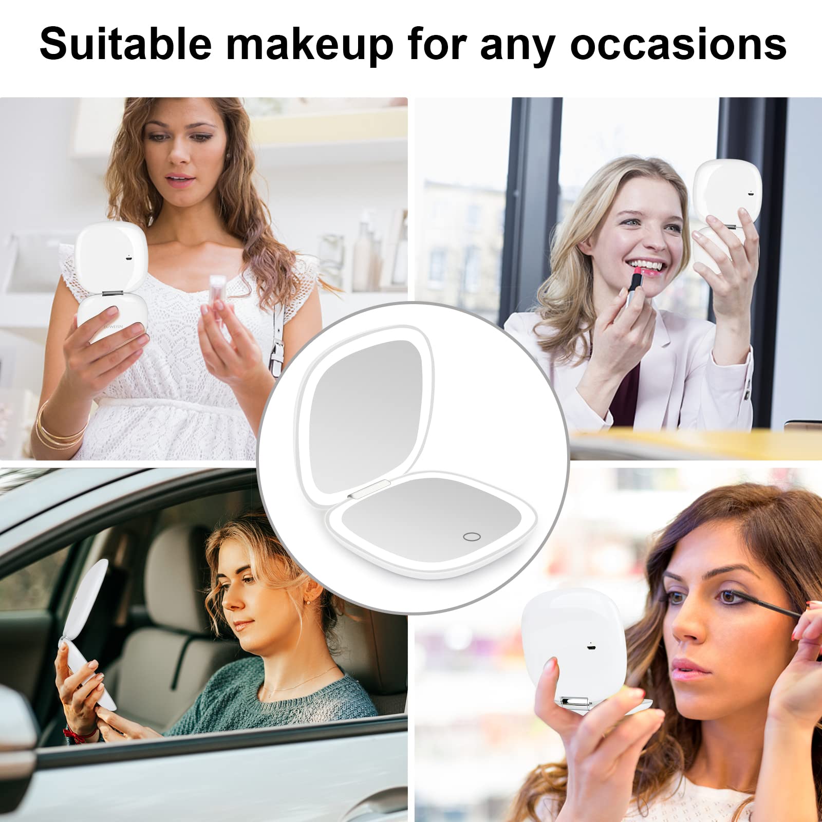 deweisn Compact Mirror, Lighted Travel Makeup Mirror with 1X/10X Magnifying Double Sided Dimmable Portable Pocket for Handbag and Pocket, USB Charging(White)