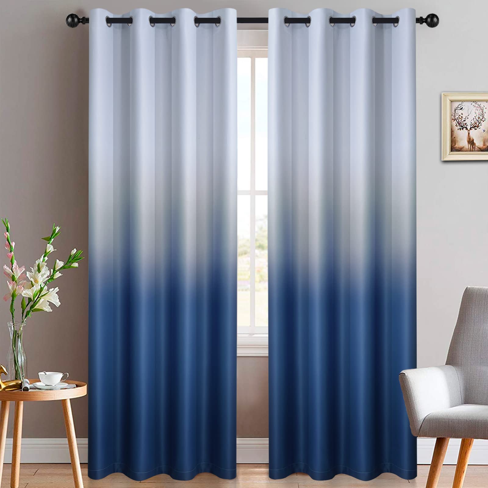 Yakamok Blue Ombre Curtains Light Blocking Gradient Color Drapes Room Darkening Thermal Insulated Grommet Window Panels for Living Room/Bedroom (2 Panels, 52x84 Inch)