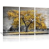 Grey Yellow Fall Tree Canvas Wall Art Prints 3 Piece Vintage Autumn Maple Tree Leaves Picture Retro Nature Painting Modern Home Decor Living Room Bedroom Ready to Hang 16"x32"x3 Panel