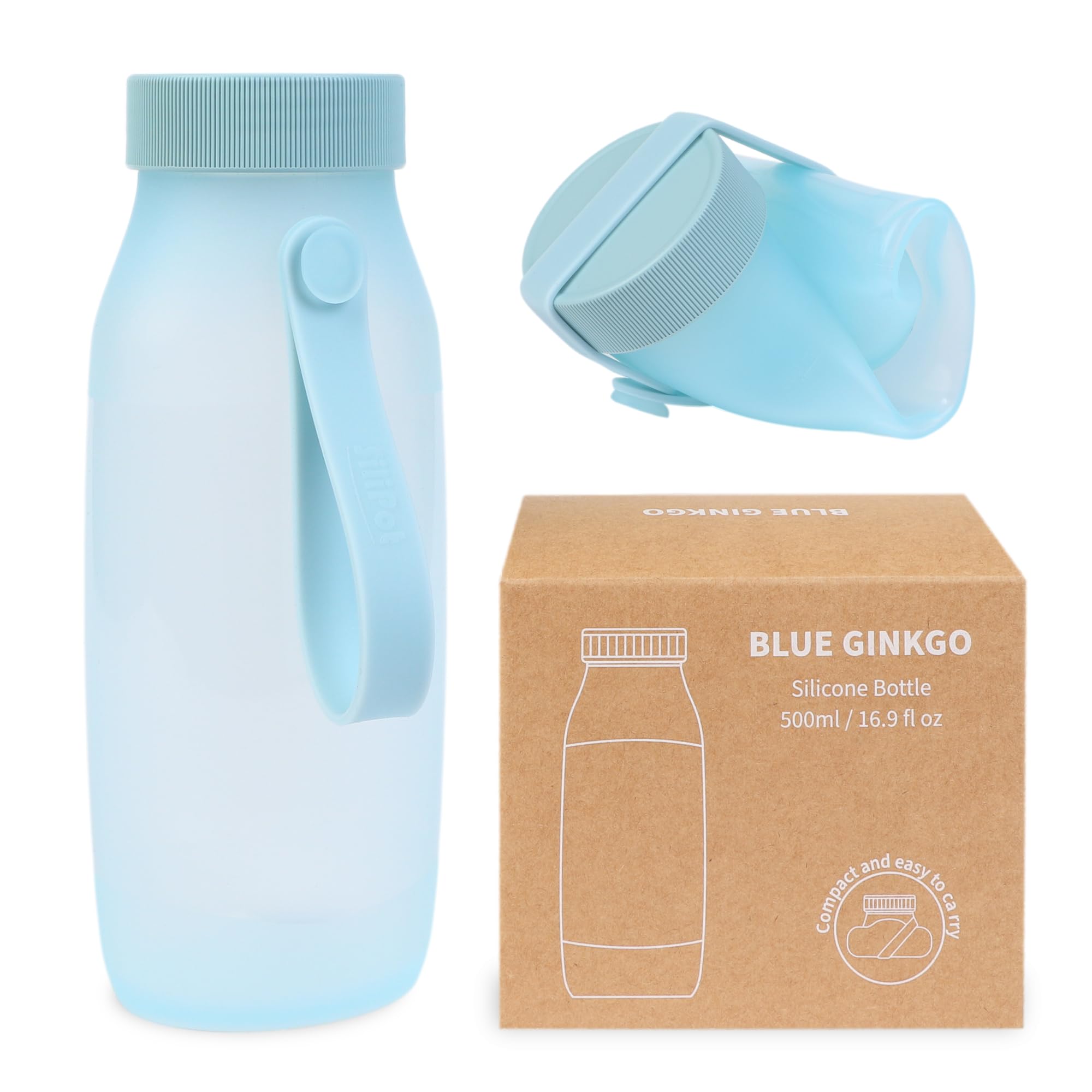 BLUE GINKGO Collapsible Water Bottle – Lightweight, Foldable Silicone Bottle for Travel, Hiking, and Camping (500ml, Made in Korea, Blue)