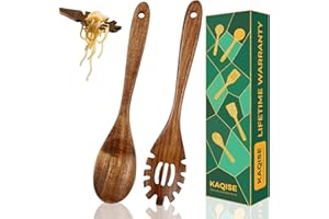 KAQISE Wooden Spoons for Cooking, 2PCS Natural Teak Wooden Utensils, Non-Stick Kitchen Utensils Set for Stirring,Serving Spag