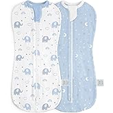 Baby Swaddle 0-2 Months, Cotton Arm-In Zipper Sleep Sack, Wearable Blankets Wrap for Newborn Infant Girls, Boys (Elephant, Star Moon, Pack of 2)