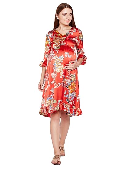 Women's V Neck Polyester 3/4th Sleeves Floral Maternity Maxi Dress (Red)