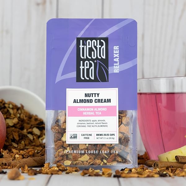 TIESTA TEA – NUTTY ALMOND CREAM, PREMIUM LOOSE LEAF, CINNAMON ALMOND HERBAL TEA BLEND, NON-CAFFEINATED, MAKE HOT OR ICED & BREWS UP TO 25 CUPS, 2.1 OUNCE RESEALABLE POUCH