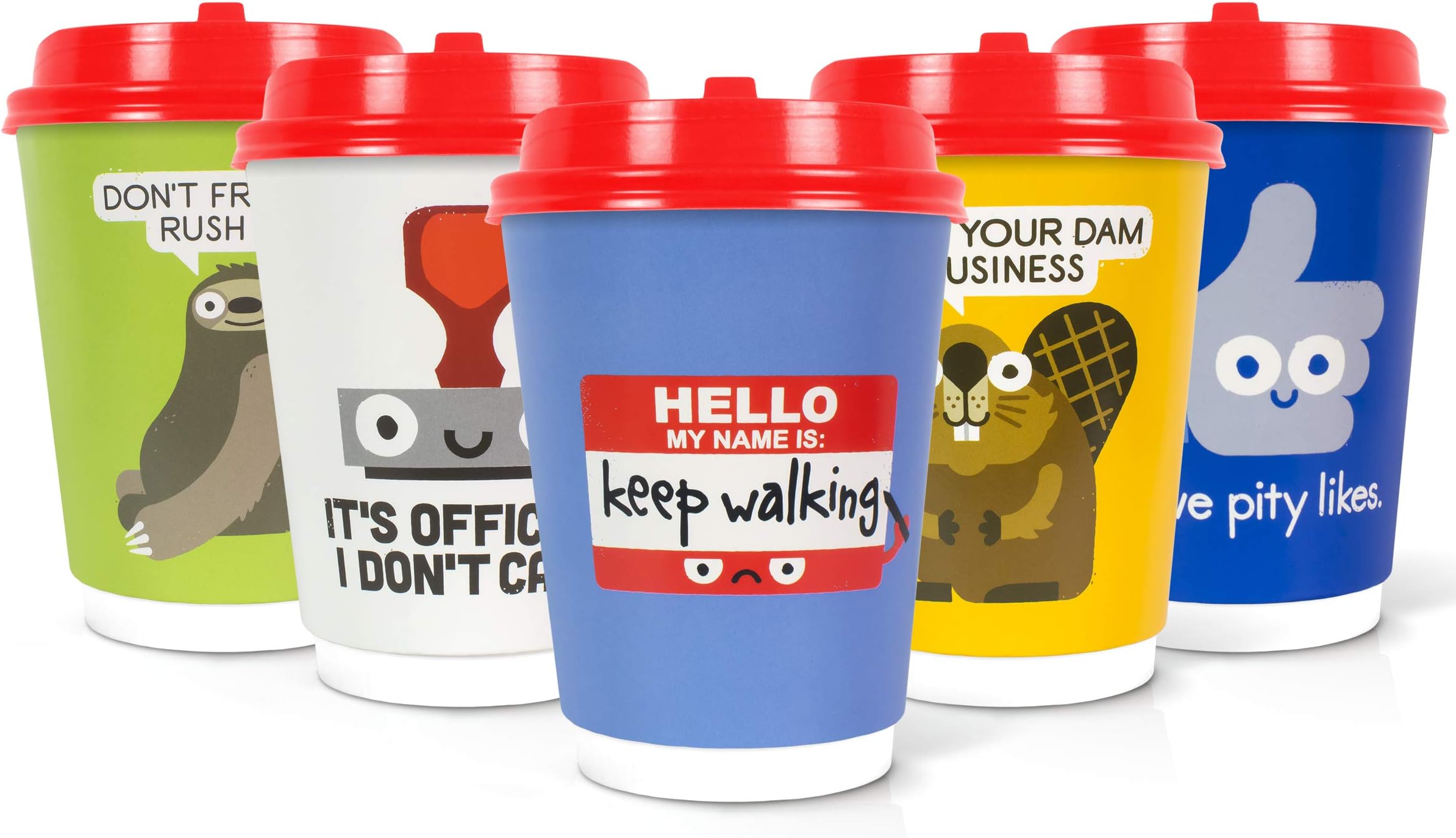 Q Cups 12oz Disposable Paper Coffee Cups with Lids, 50 Count - 5 Styles Per Pack, Designed by David Olenick - For Bake Sales, Meetings and More - Double Wall Design, Easy Cleanup… (Sarcastic)